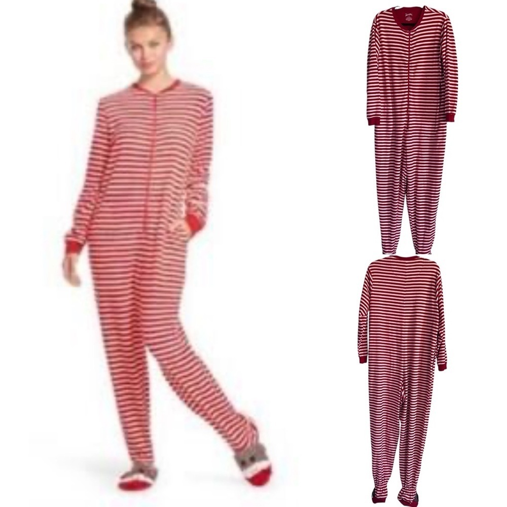 Nick and Nora  Women’s Sock Monkey Foot Pajamas Red White Striped size Large